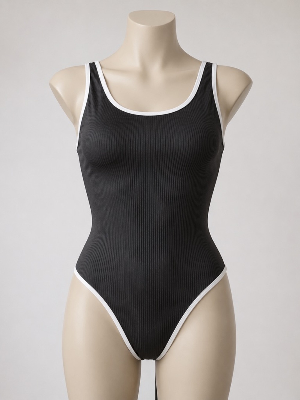 NWOT Black Ribbed One Piece Swimsuit Medium White Trim Contrast Swimwear